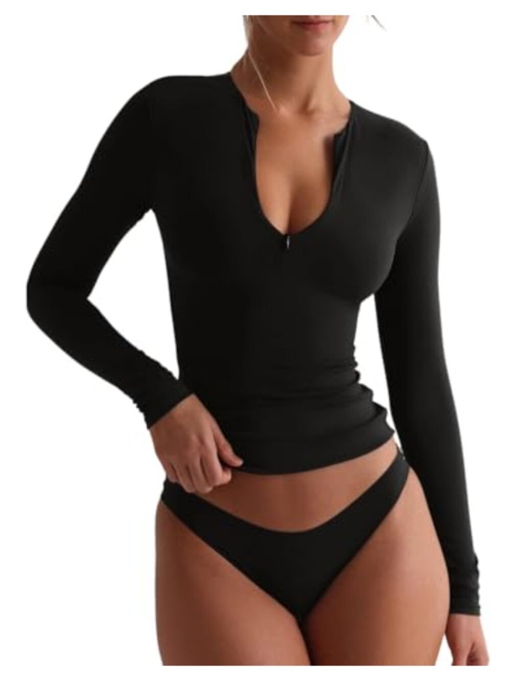 Quarter Zip V Neck Long Sleeve Cropped Top Double Lined Going Out Fall